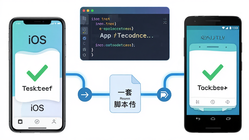 主体:iTestin移动App自动化测试工具跨平台运行示意图,左侧手机为iOS风格,右侧为Android风格,中间连接同一脚本文件;布局:左右对称,中央上方显示脚本代码片段;排版:简洁直观,突出“一套脚本”概念;风格:商务科技插画风,色彩明快;细节:屏幕内显示测试通过勾选标记,连接线带有同步符号;画质:高分辨率,干净背景