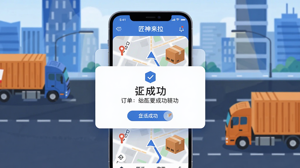 画面主体为“匠神来拉”货运平台手机应用界面,采用悬浮式卡片设计,屏幕中显示订单匹配成功提醒,背景是城市道路与行驶中的货车,整体布局居中,配色以蓝色与橙色为主,扁平化插画风格,细节包含地图导航线条与货物箱体,画质高清干净,无多余元素。