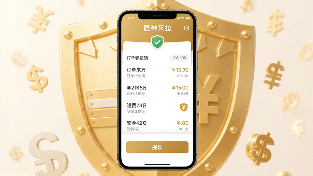 画面主体为“匠神来拉”钱包结算页面,手机界面展示运费入账记录与提现按钮,背景为金色盾牌与货币符号,布局居中对称,商务扁平风格,主色调为金色与白色,细节包括订单金额、到账时间、安全认证标识,画质高清干净,无多余元素。