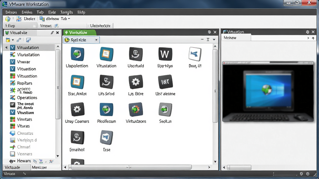 主体:VMware Workstation软件界面截图,中央显示虚拟机库列表,包含多个不同操作系统的虚拟机标签。布局:界面清晰,左侧为虚拟机列表,右侧为预览窗口,顶部有功能菜单栏。排版:采用专业软件界面的标准布局,信息层级分明。风格:写实风格,色彩真实,突显软件的科技感。细节:窗口边框、按钮、状态图标等细节清晰可见,屏幕中显示“VMware Workstation”字样。画质:高分辨率,干净,无多余元素。