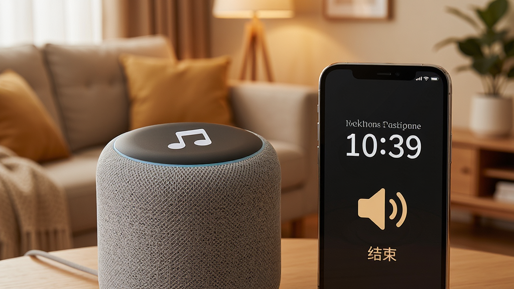 倒计时专业版语音提醒场景,主体为智能音箱与手机并列,音箱顶部有音符图标,手机屏幕显示倒计时结束画面与喇叭符号,背景为暖色客厅,布局近景,风格温馨,细节光线柔和,画质干净