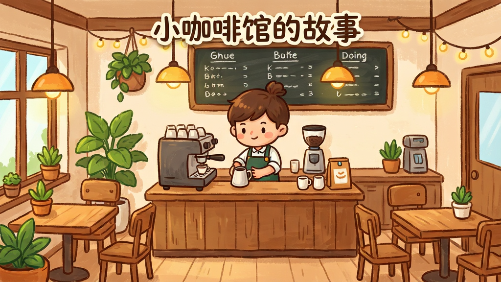 游戏主界面展示一个温馨的小咖啡馆场景,画面中央是主角咖啡师正在吧台后制作咖啡,周围有木质桌椅、绿色植物和暖色灯光,墙上挂着菜单黑板。整体采用手绘卡通风格,色彩明亮温暖,细节丰富,画质细腻干净,无多余元素,场景布局饱满,突出经营氛围,游戏中文字标题为“小咖啡馆的故事”。