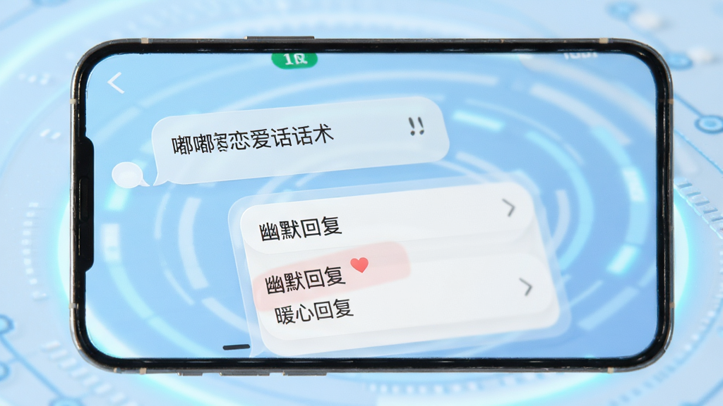 嘟嘟恋爱话术智能推荐界面模拟图,手机界面展示对话气泡与推荐回复卡片,卡片上有“幽默回复”“暖心回复”标签,背景为浅蓝色科技感光效,整体构图清晰,画质高,无杂乱元素