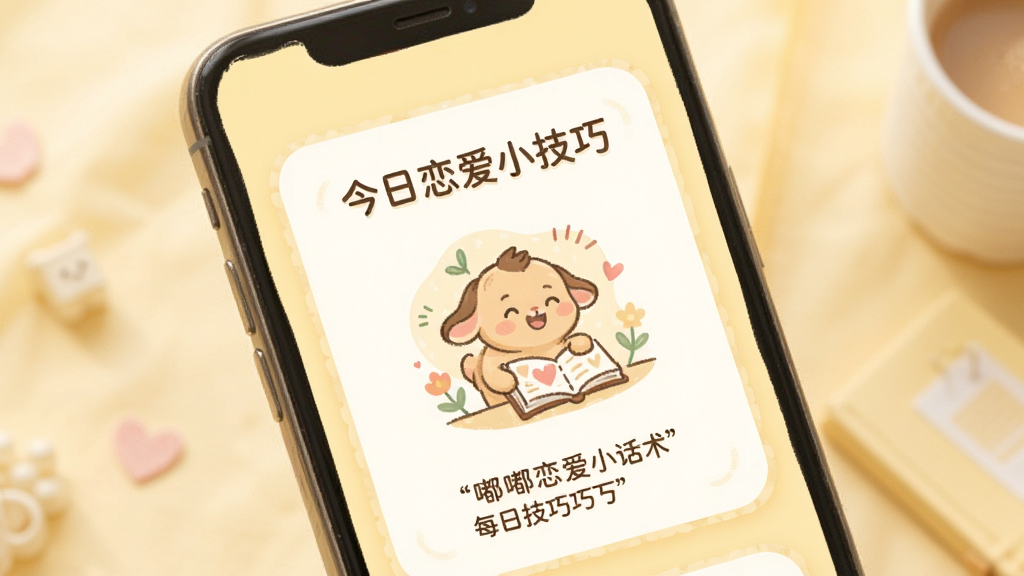 嘟嘟恋爱话术每日技巧推送图,手机屏幕显示一张精美卡片,卡片上有“今日恋爱小技巧”标题,下方配简洁插画与文字,背景为淡黄色温暖色调,整体风格清新,画质柔和干净