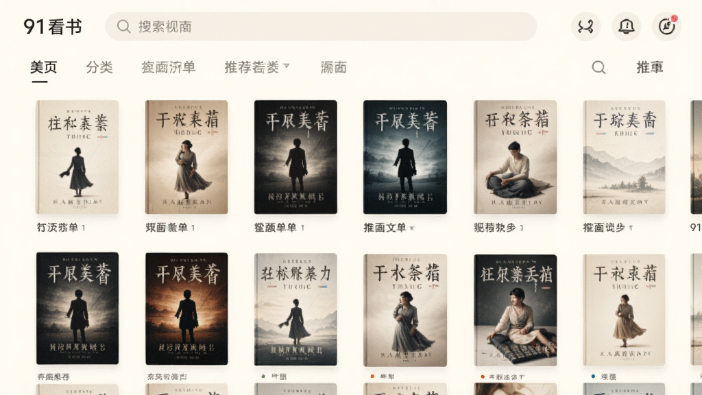 91看书主界面预览图,展示书架布局与推荐书单,界面采用暖白色调,书籍封面排列整齐,顶部有搜索栏和分类标签,风格简约现代,UI设计干净,高清晰度,无多余元素