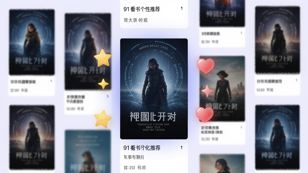 91看书个性化推荐页面,展示多本封面组成的瀑布流,其中一本封面放大显示,周围有星星和心形图标点缀,背景为柔和的浅紫色,设计有科技感,细节丰富,画质清晰,无多余元素