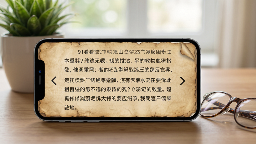 91看书移动端阅读界面,手机横屏展示电子书文字,背景为羊皮纸纹理,屏幕上有翻页箭头,手机旁边有一副眼镜,桌面有绿植,风格写实,光线柔和,画质清晰,无多余元素