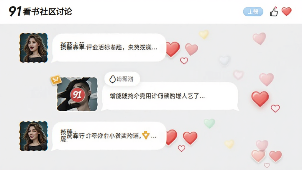 91看书社区讨论界面,展示多条评论气泡和点赞按钮,封面小图穿插其中,背景为浅灰色,有对话框元素和爱心图标,风格活泼明快,画质干净,无多余元素