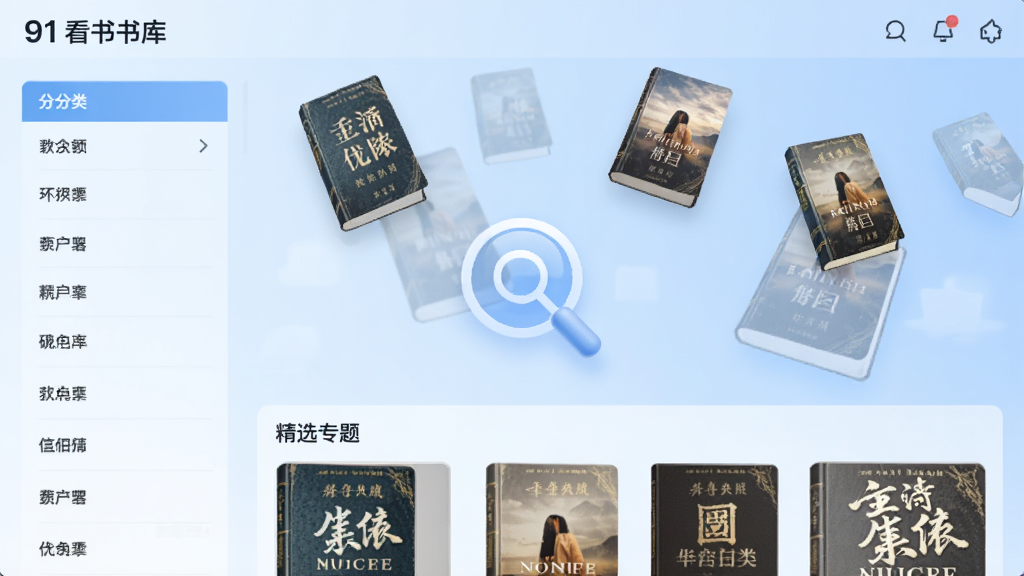 91看书书库界面,展示分类列表和精选专题,背景为淡蓝色渐变,书籍封面元素悬浮排列,中间有放大镜搜索图标,风格清新,细节丰富,高清画质,无杂乱元素