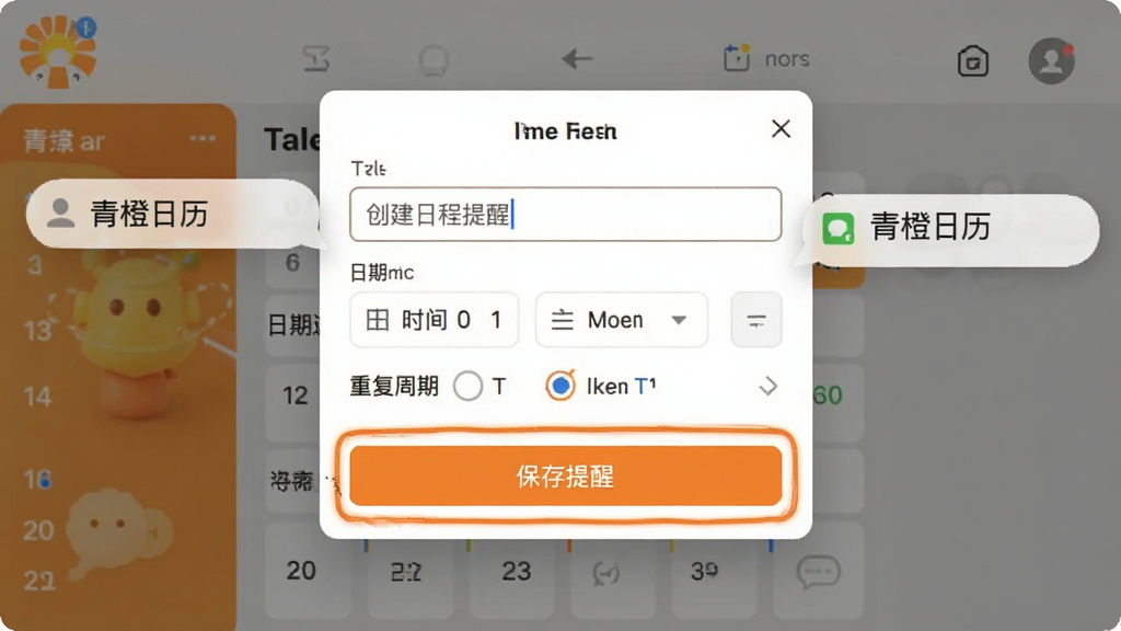 展示青橙日历软件创建日程提醒的弹窗界面,界面中显示标题输入框、日期时间选择器以及重复周期选项,橙色高亮显示“保存提醒”按钮,周围有模拟的系统通知气泡,整体设计清爽,功能指引清晰,画质干净
