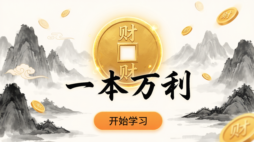 主体:一本万利APP启动界面,中央显示金色古钱币与“一本万利”汉字,背景为水墨山水与金币元素。布局:居中对称,文字下方设有“开始学习”按钮。排版:简洁大方,字体为书法体,按钮醒目。风格:中国风与现代扁平化结合。细节:钱币上刻有“财”字,边缘有微光效果,画面干净无多余元素,画质高清。