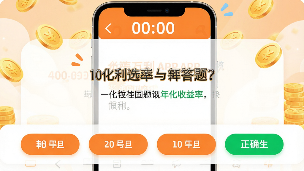主体:一本万利APP答题界面,中央显示一道选择题,下方四个选项按钮。布局:题目居中,选项横排,顶部显示倒计时。排版:字体清晰,选项按钮为圆角矩形。风格:活泼明快,橙色与白色搭配。细节:题干涉及“年化收益率”,正确选项高亮为绿色,背景有金币飘落特效,画面干净,画质高清。