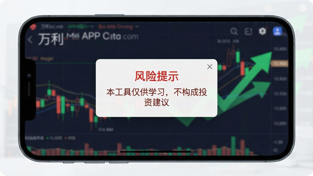 主体:手机横屏显示一本万利APP模拟盘界面,背景为K线图,前景有“风险提示”弹窗。布局:弹窗居中,背景虚化。排版:简洁清晰,风险提示文字为红色。风格:写实与UI结合。细节:弹窗内容为“本工具仅供学习,不构成投资建议”,背景图表有绿色箭头,画面干净,画质高清。