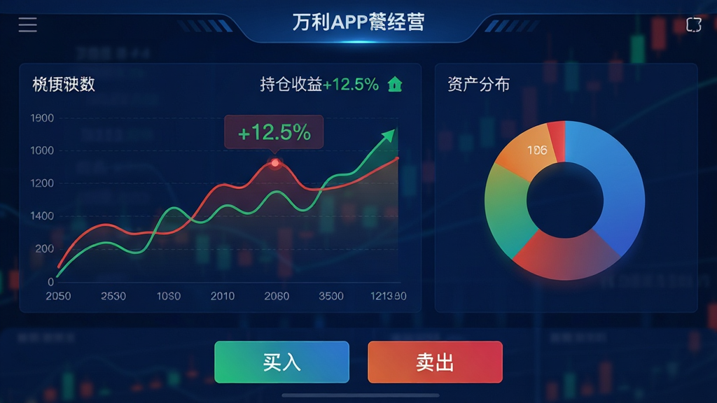 主体:一本万利APP模拟经营界面,显示折线图与资产分布饼图,底部有交易按钮。布局:图表居中,数据标签清晰。排版:专业金融风格,红绿涨跌色。风格:深蓝背景,科技感。细节:图中标注“持仓收益+12.5%”,界面包含“买入”“卖出”按钮,画面整洁,画质高清。