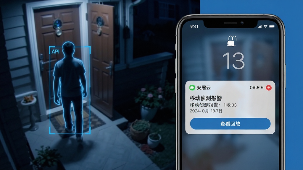 主体:安居云App智能报警通知界面,手机锁屏状态下显示安居云推送的“移动侦测报警”横幅,背景为夜晚家庭门口有人走动的监控画面。布局:手机位于画面右侧,左侧放大展示监控抓拍的异常场景,形成对比。排版:手机屏幕中可见“安居云”通知详情与“查看回放”按钮。风格:写实与科技感结合,色调偏冷蓝,营造安全警示氛围。细节:监控画面中人物轮廓经过AI识别框选,通知栏时间与日期清晰可见。画质:高清渲染,细节锐利,干净,无多余元素。