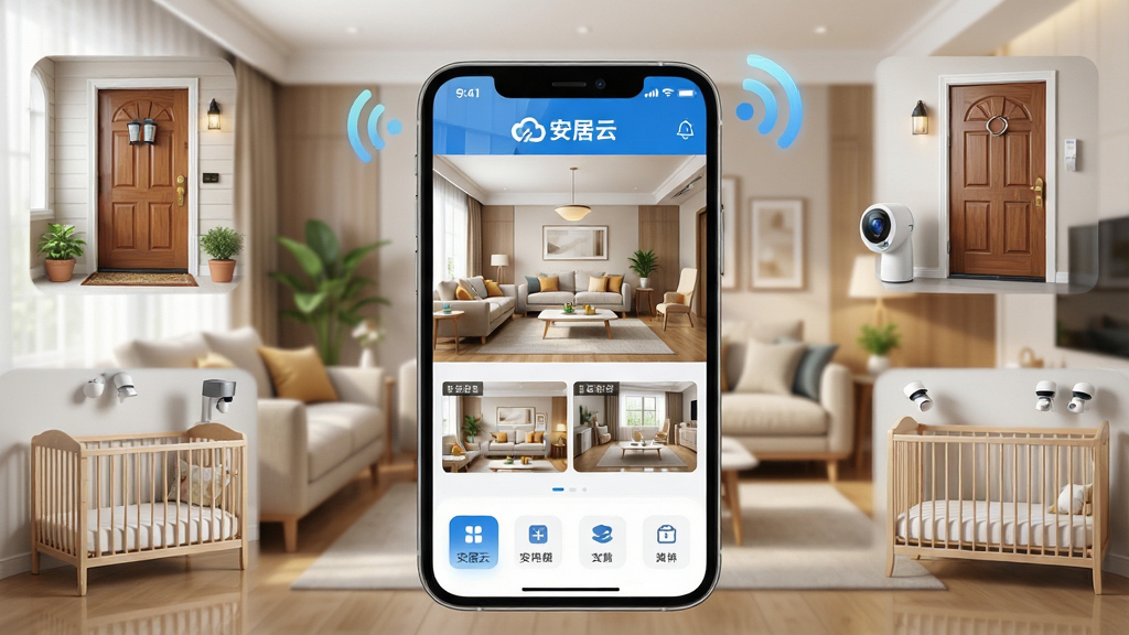 主体:安居云应用界面与智能监控场景结合,画面中央是一部智能手机,屏幕中显示“安居云”APP的实时监控画面,周围环绕家庭客厅、大门、婴儿床等安防元素。布局:手机置于视觉中心,四周环境呈半环绕式分布,背景为温馨的居家客厅,光线明亮。排版:手机屏幕内容清晰可辨,上方显示“安居云”品牌logo,下方展示监控视频缩略图与功能按钮图标。风格:写实与科技感结合,画面干净通透,色彩柔和自然。细节:手机屏幕反射微光,摄像头、无线网络信号等元素点缀其间,突出智能互联特性。画质:8K超高清,细节丰富,干净,无多余元素。