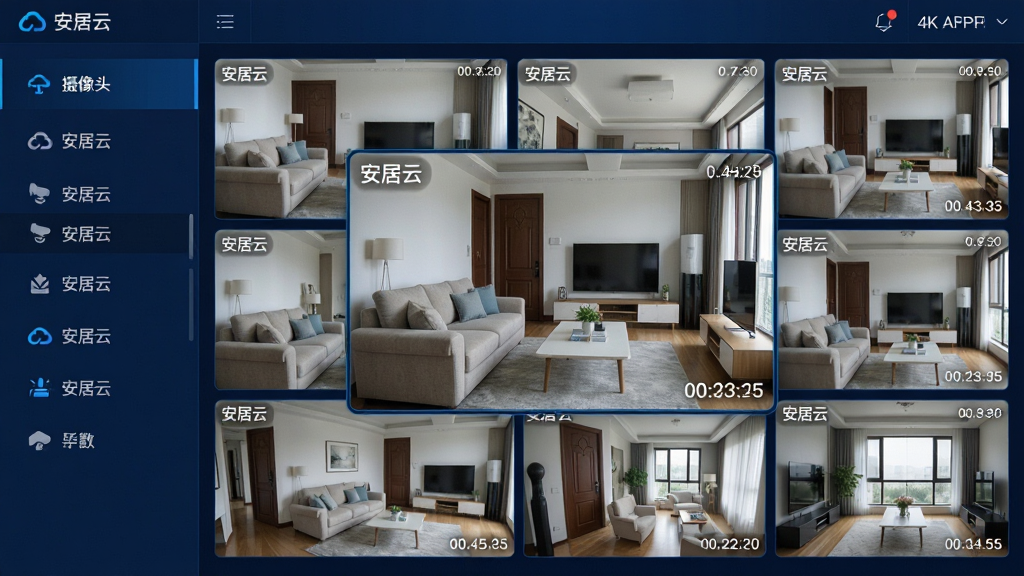 主体:安居云APP高清监控预览界面截图风格展示,画面中显示客厅、门口等多个监控网格画面,中央一个画面放大呈现清晰的家庭环境。布局:左侧为摄像头列表,右侧为视频预览区,整体采用深蓝色科技风界面。排版:监控画面排列整齐,每个画面角落标注“安居云”水印及时间戳。风格:现代科技感,界面UI设计精致,图标线条流畅。细节:画面中可见沙发、电视、窗户等家具轮廓,视频画质细腻无噪点。画质:4K超高清渲染,干净,无多余元素。