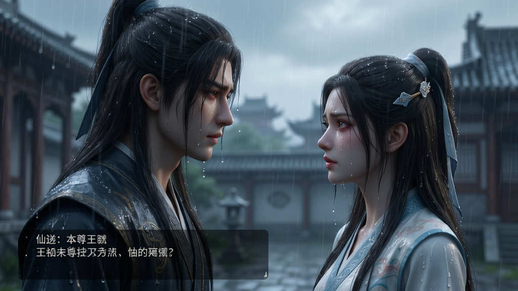 主体:《仙逆:本尊》游戏剧情CG画面,王林与李慕婉在雨中相遇。布局:画面中央为两位角色对视,背景是古色古香的建筑与雨幕。排版:采用电影级镜头语言,左下角有对话字幕。风格:写实仙侠,光影柔和,情感细腻。细节:雨水打湿衣角的质感,角色眼神中流露的复杂情绪。画质:高清渲染,干净,无多余元素。
