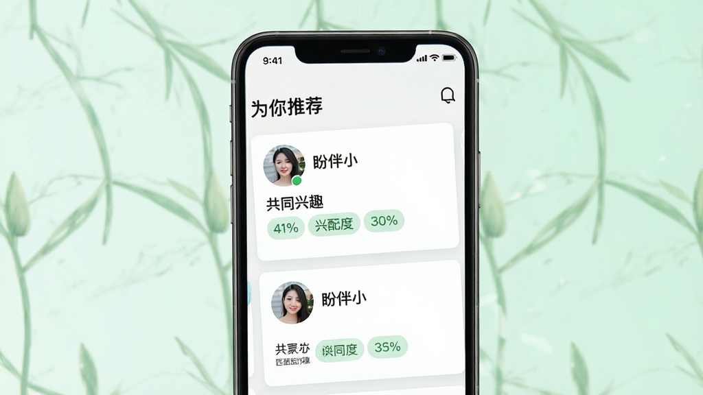 一张展示盼伴智能匹配功能的界面截图,主体是手机屏幕中呈现的“为你推荐”页面,包含多个用户卡片,每张卡片上显示用户头像、昵称和共同的兴趣标签,背景清新淡雅,布局规整,风格简洁明快,细节处突出“盼伴”应用名称和匹配度百分比,画质高清,干净无多余元素。