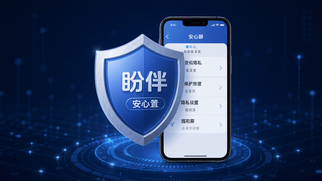 一张展示盼伴安全隐私保护功能的创意图片,主体是一个盾牌图标与手机屏幕的组合,屏幕上有隐私设置选项列表,背景采用深蓝色科技感色调,布局居中,风格专业可靠,细节处有“盼伴”字样和“安心聊”标语,画质清晰,干净无多余元素。