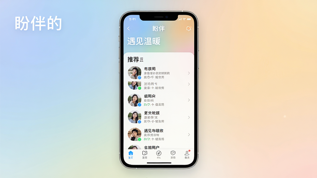 一张展示盼伴应用整体界面的高清宣传图,主体是手机屏幕内呈现的主界面,包含底部导航栏和中部推荐用户列表,背景采用柔和的渐变色,排版干净清爽,风格现代简约,细节上突出“盼伴”LOGO和“遇见温暖”的标语,画质清晰,干净无多余元素。