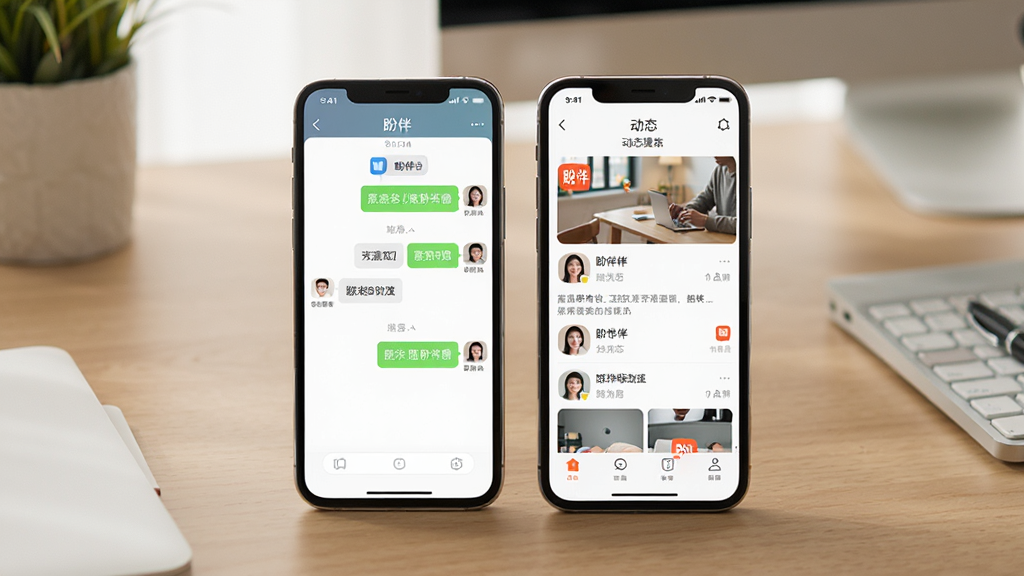 一张展示盼伴应用在不同移动设备上使用的场景图,主体是两部手机并排摆放,屏幕上分别显示盼伴的聊天界面和动态页面,背景为整洁的桌面,布局自然,风格生活化,细节处突出“盼伴”应用图标,画质清晰,干净无多余元素。