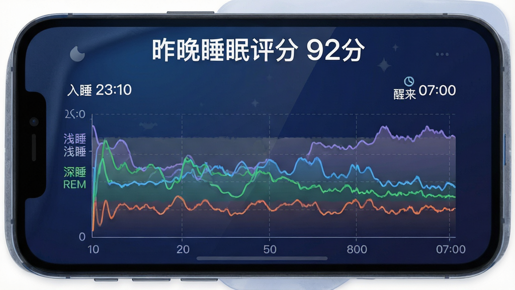 熊猫睡眠应用睡眠监测界面,手机屏幕显示一整晚的睡眠分期图表,横轴为时间,纵轴为睡眠阶段,曲线颜色区分浅睡、深睡、REM,图表上方有“昨晚睡眠评分 92分”大字,左右两侧有“入睡 23:10”“醒来 07:00”数据,背景为深蓝色渐变,卡片圆角设计,质感细腻,画质清晰,干净无多余元素