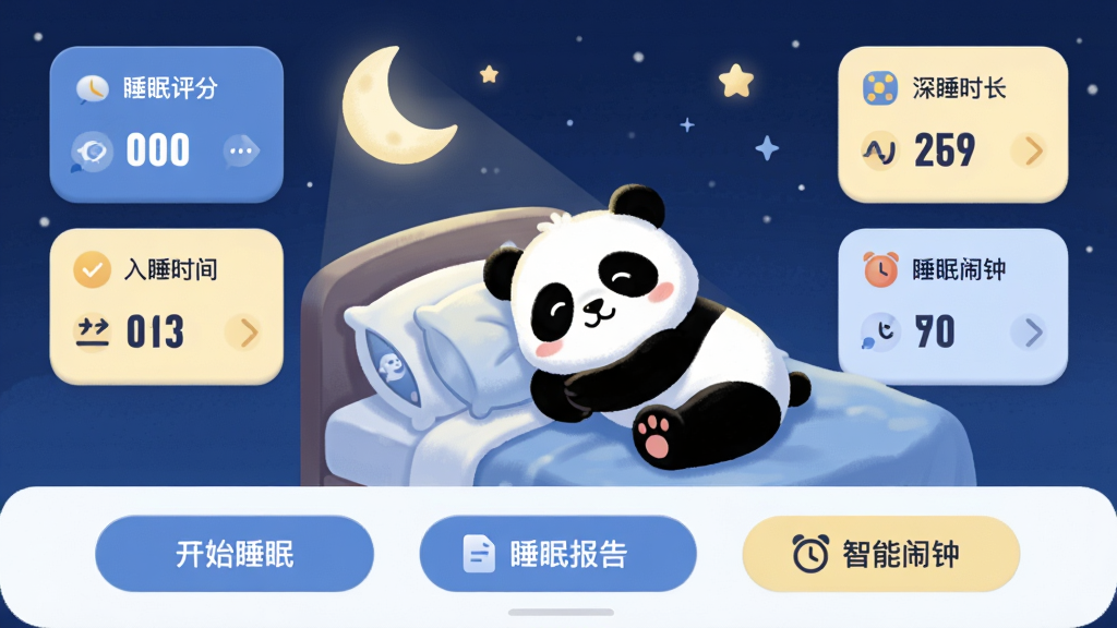 画面中央展示熊猫睡眠应用主界面,一只可爱的卡通熊猫抱着枕头躺在月光下的床上,背景为深蓝色夜空与星星,界面元素包括睡眠评分、入睡时间、深睡时长等数据卡片,下方有“开始睡眠”“睡眠报告”“智能闹钟”按钮,布局扁平化,圆角卡片设计,色彩柔和,以蓝色和浅黄色为主,整体温馨治愈,画质细腻,干净无多余元素