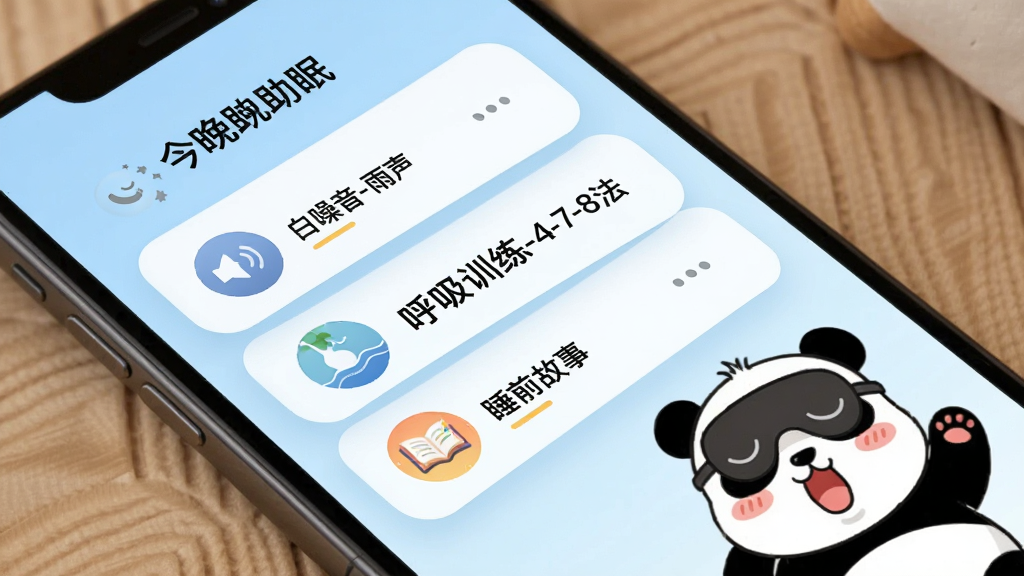 熊猫睡眠助眠计划页面,手机屏幕展示“今晚助眠”卡片,包含“白噪音-雨声”“呼吸训练-4-7-8法”“睡前故事”三个模块,每个模块小图标圆形,背景为浅蓝色渐变,右下角有一只卡通熊猫戴着眼罩打哈欠,整体简洁清新,圆角卡片,画质干净,无多余元素