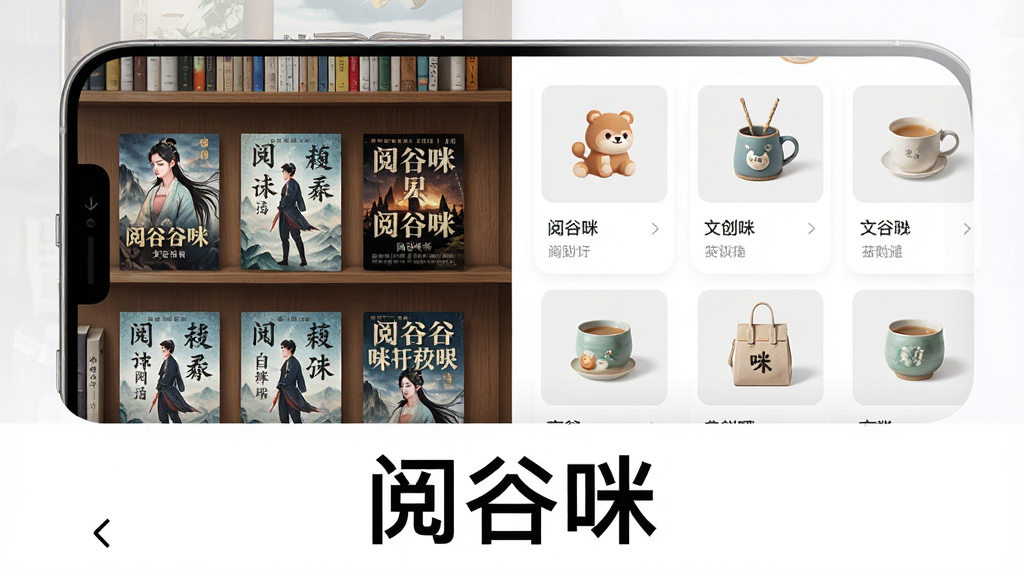 一张展示阅谷咪应用核心功能的宣传海报,主体是手机屏幕中呈现阅读与购物融合的界面,左侧显示书架与小说封面,右侧展示文创商品卡片,下方有“阅谷咪”字样,布局清晰,排版现代,风格简约明亮,细节丰富,画质高清干净无多余元素