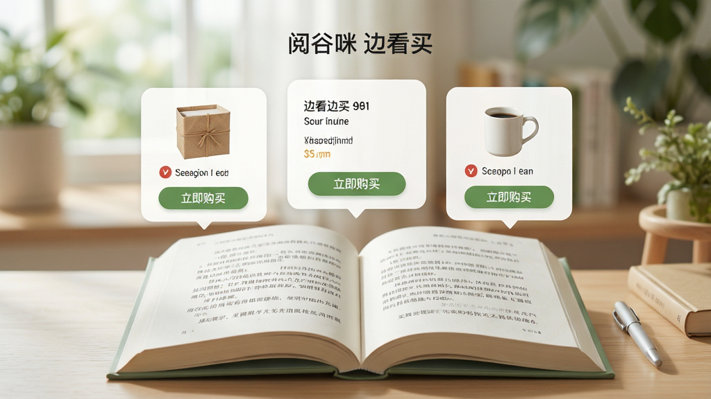 展示阅谷咪“边看边买”功能界面,画面中央是一本打开的小说,文字上方悬浮着书中提到的物品推荐卡片,卡片上有“立即购买”按钮,背景虚化处理,整体布局层次分明,风格清新自然,细节精致,画质清晰无多余元素