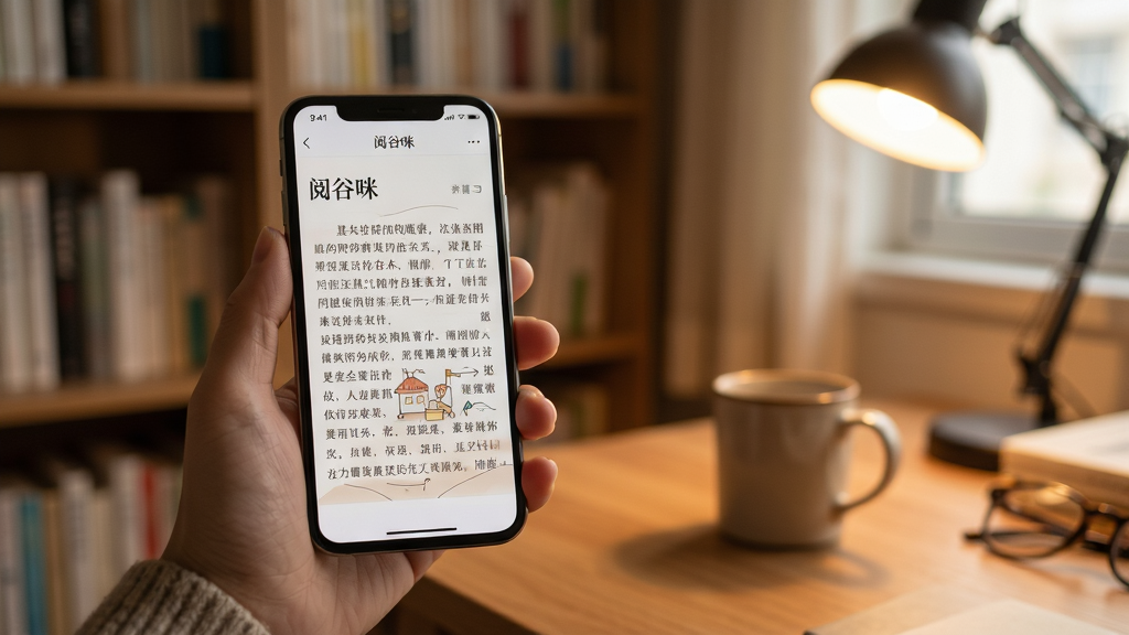 展示阅谷咪在手机上的实际使用场景,画面中一只手握着手机,屏幕上显示阅读界面,背景是温馨的书房环境,光线柔和,构图清晰,风格自然,细节丰富,画质高清无多余元素