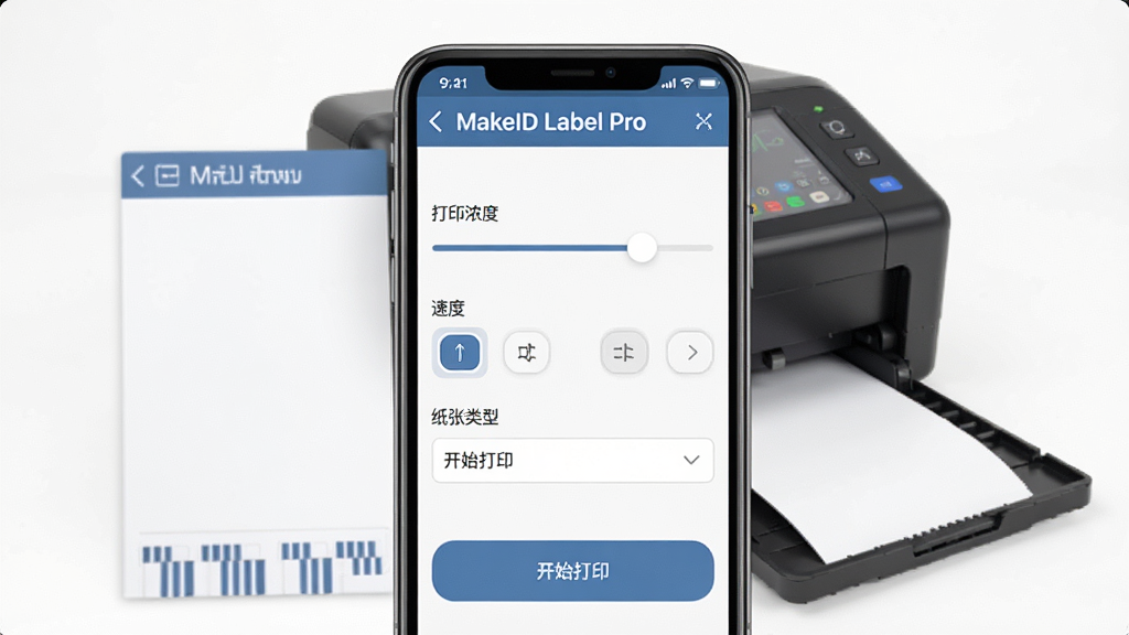 展示MakeID Label Pro在手机上的打印设置界面,屏幕上显示打印浓度滑杆、速度选项和纸张类型选择菜单,下方有“开始打印”按钮,背景为标签打印机实物图,界面清晰,软件名称“MakeID Label Pro”在顶部,高分辨率,细节丰富,干净无多余元素。