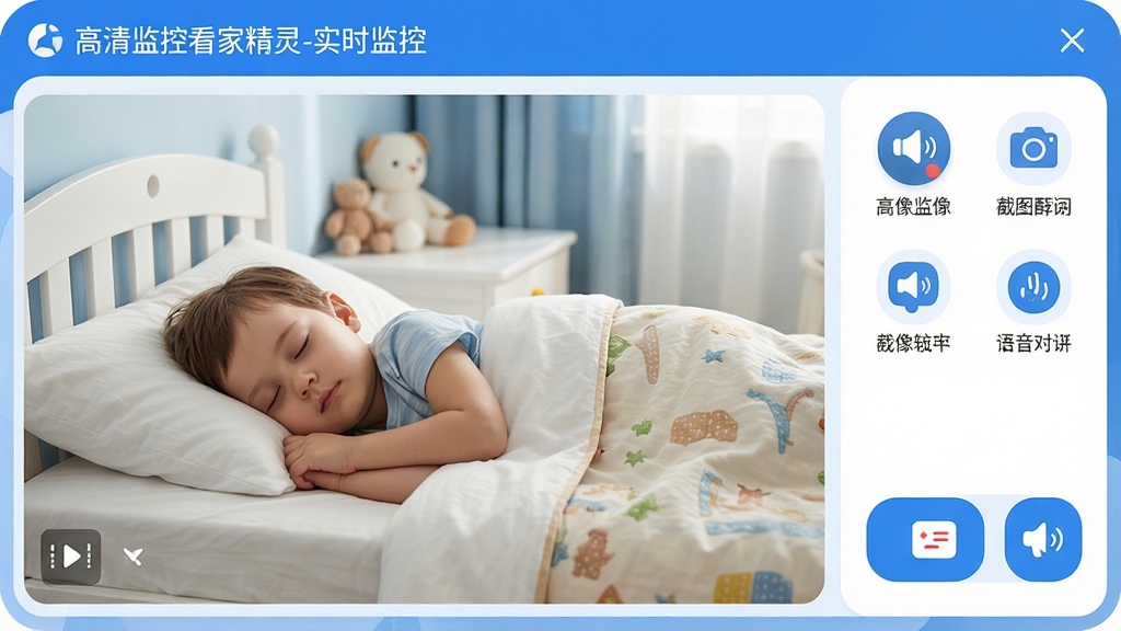 主体:高清监控看家精灵软件界面,展示实时监控画面,画面为一间明亮的儿童房,孩子在床上安静睡觉。布局:界面左侧为监控视频区域,右侧为功能操作面板。排版:视频画面占据主要视觉区域,顶部显示“高清监控看家精灵-实时监控”字样,下方有录像、截图、语音对讲等图标按钮。风格:简洁现代UI风格,蓝白主色调,圆角设计。细节:画面清晰无噪点,界面图标精致,功能标注明确。画质:高清细腻,干净,无多余元素。