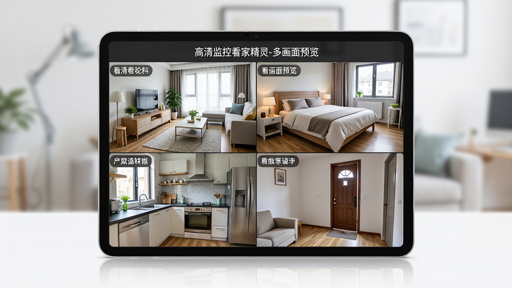 主体:高清监控看家精灵的多画面预览界面,一块平板电脑屏幕上分成四个方格,分别显示客厅、卧室、厨房、门口四个不同场景的实时监控画面。布局:平板电脑居中展示,屏幕画面清晰。排版:四个监控画面均匀分布,每个画面角落标注有场景名称,顶部显示“高清监控看家精灵-多画面预览”字样。风格:现代化UI设计,简洁明亮。细节:每个监控画面色彩正常,无卡顿现象,界面布局整齐。画质:超清画质,干净,无多余元素。