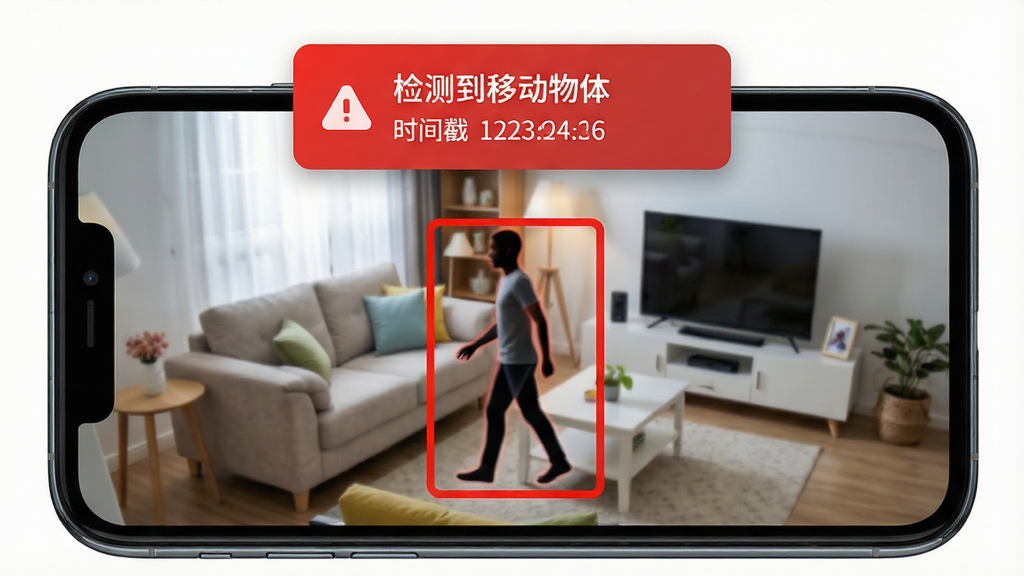 主体:高清监控看家精灵的移动侦测告警功能界面,手机屏幕显示家中客厅监控画面,画面中用红色框标记出正在走动的一个人形轮廓。布局:手机屏幕占据画面大部分,界面中告警信息卡片悬浮于屏幕顶部。排版:监控画面清晰,红色框醒目,告警卡片显示“检测到移动物体”和“时间戳”信息。风格:科技感UI设计,色彩鲜明。细节:人物轮廓清晰可辨,红色框线流畅,告警信息字体清晰。画质:高分辨率,干净,无多余元素。