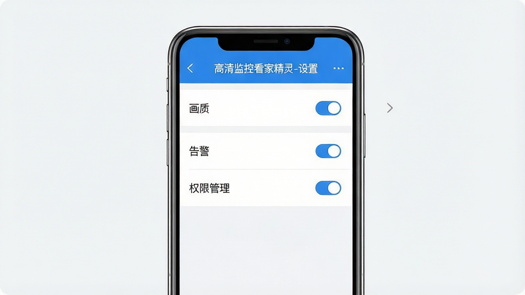 主体:手机屏幕展示高清监控看家精灵的“设置”界面,界面中有“画质”、“告警”、“权限管理”等多个设置选项列表。布局:手机屏幕居中,背景简洁。排版:设置列表清晰排列,每项右侧有开关或箭头图标,顶部显示“高清监控看家精灵-设置”字样。风格:简洁扁平化UI,蓝白配色。细节:各设置项名称清晰可读,开关状态明显。画质:高清细腻,干净,无多余元素。