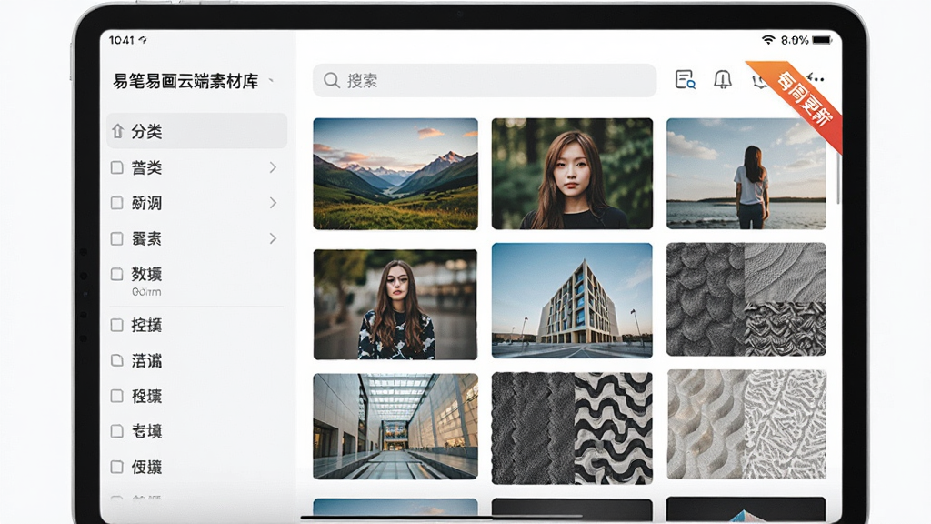 一张展示易笔易画云端素材库界面的截图,画面上是一个平板电脑屏幕,左侧是分类列表,右侧是瀑布流式的素材缩略图,包含风景、人物、建筑、纹理等多种类型,屏幕上还有搜索框和“每周更新”的角标,整体界面清晰明亮,布局规整,画质细腻,干净无多余元素