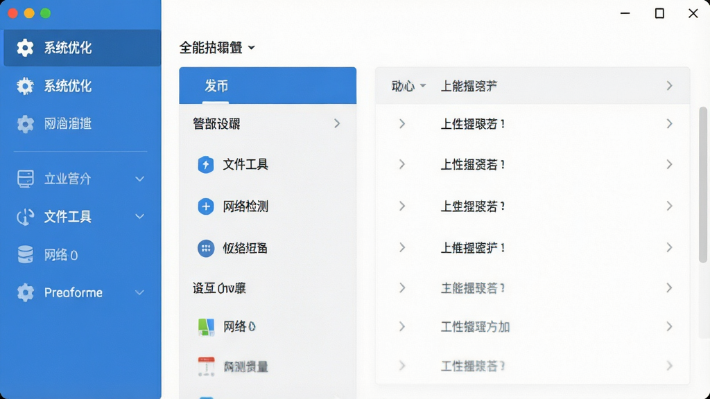 一张展示全能工具主界面的高清截图,界面左侧为功能导航栏,包含系统优化、文件工具、网络检测等分类,右侧为对应功能的详细设置面板,整体采用现代扁平化设计风格,以蓝色为主色调,布局清晰简洁,图标精致,文字标签明确,画质干净,无多余元素