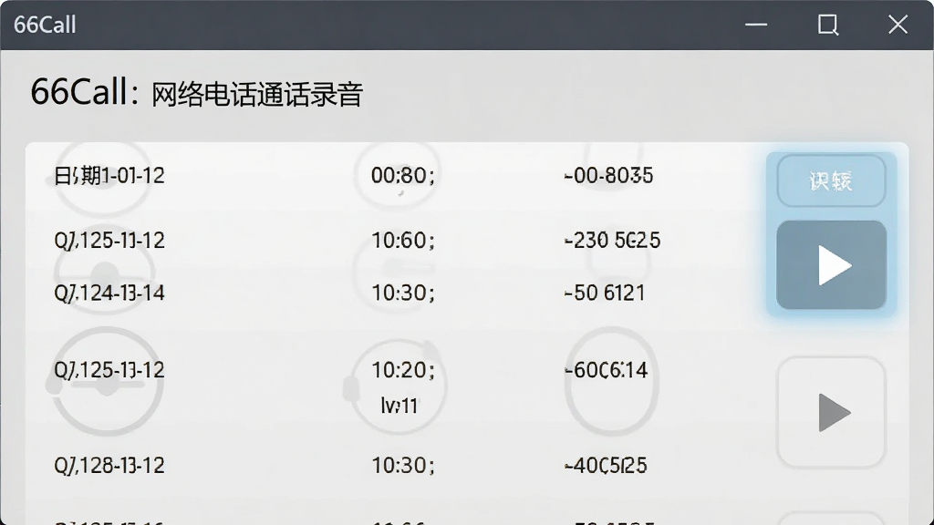 展示66Call网络电话通话录音功能的界面截图,画面上显示一个录音文件列表,包含日期、时长和文件大小,旁边有播放按钮高亮显示,背景为浅灰色调,界面简洁,突出录音管理功能,画质干净,无多余元素。