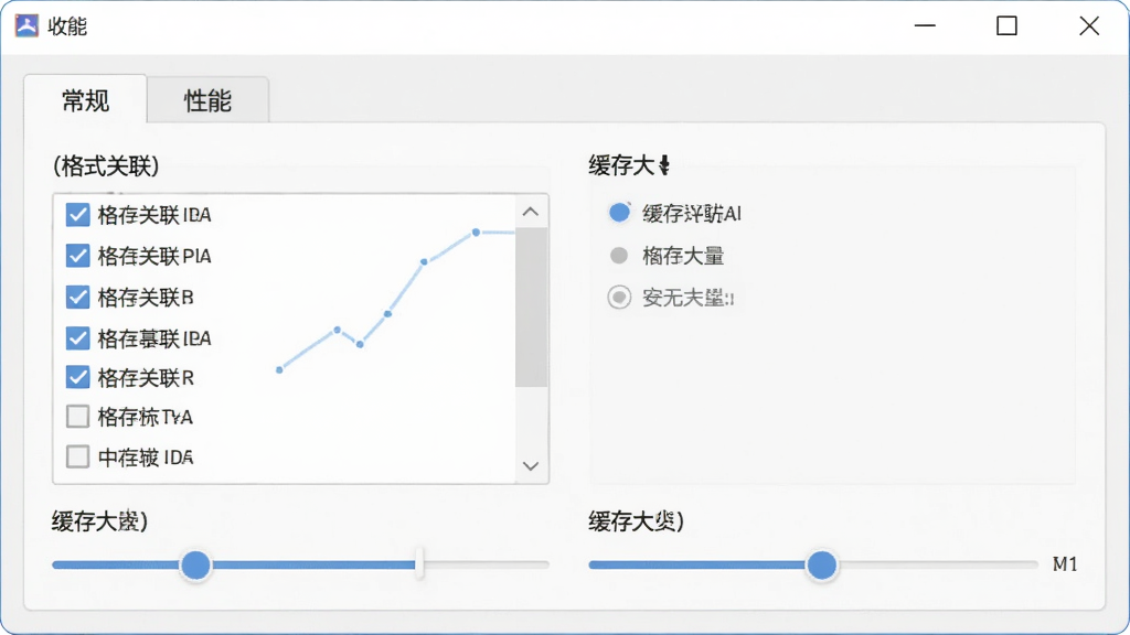 有图软件设置界面示意图,展示“常规”与“性能”选项卡,包含格式关联勾选列表与缓存大小滑动条,窗口背景浅色,简洁清晰,现代UI风格,高清画质