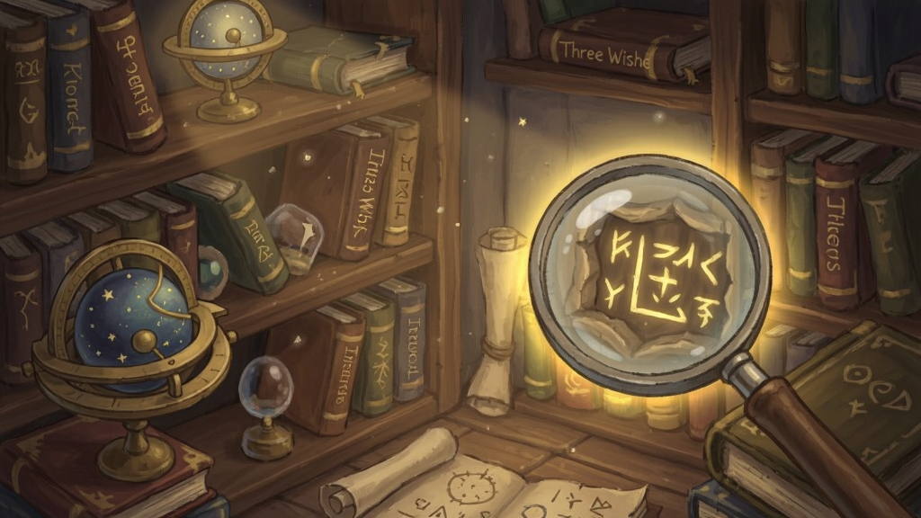 一张Three Wishes游戏解谜场景截图,主体为堆满古籍与星象仪的神秘书房,一个放大镜高亮显示角落的隐藏符号,布局采用斜角透视,暖黄色灯光营造探索氛围,风格为细腻的手绘风格,细节包含书架上的书名文字与飘浮的尘埃,画质柔和清晰,干净无多余元素。