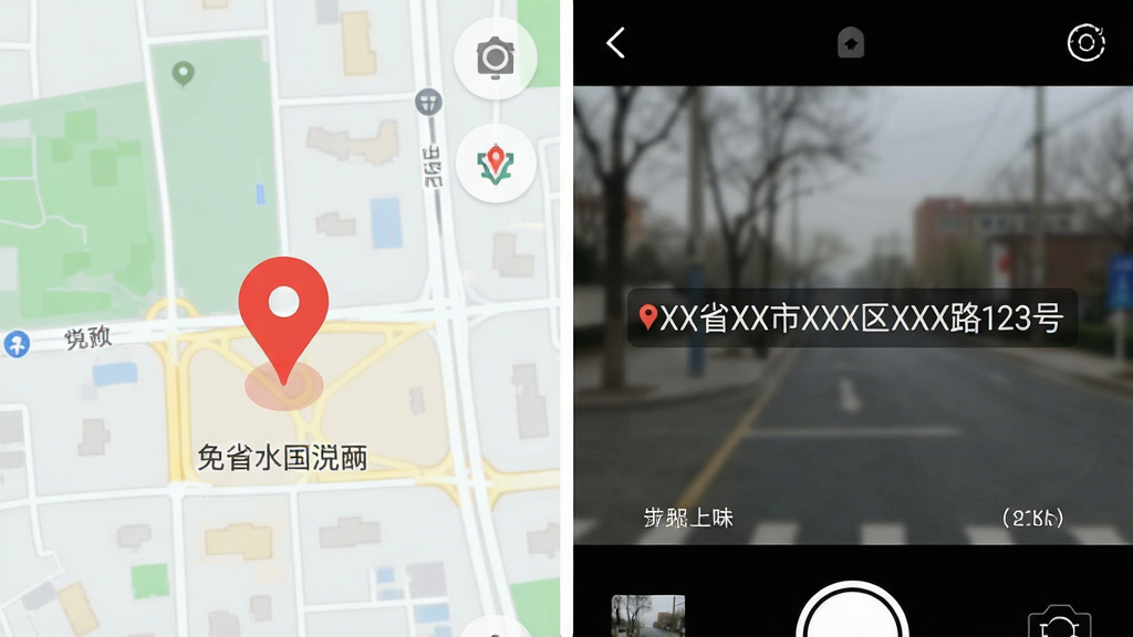 主体:手机地图界面与免费水印相机打卡定位App的拍照界面进行分屏展示,左侧地图上有红色定位标记,右侧是带有“XX省XX市XX区XX路123号”地址水印的照片预览。布局:左右分屏,中间用白色分割线隔开。排版:左侧地图占40%,右侧拍照界面占60%。风格:扁平化设计,色彩清新。细节:地址水印文字清晰,地图上显示当前位置的红色定位图标。画质:高分辨率,干净无多余元素。