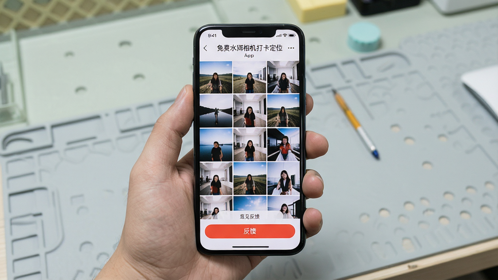 主体:一部手机被一只手握着,屏幕显示免费水印相机打卡定位App的相册界面,下方有“反馈”按钮。布局:手机居中,背景为浅灰色工作台。排版:屏幕内照片以网格排列,底部有“意见反馈”字样。风格:真实摄影风格,光线柔和。细节:照片网格清晰,反馈按钮为红色。画质:高清,干净无多余元素。