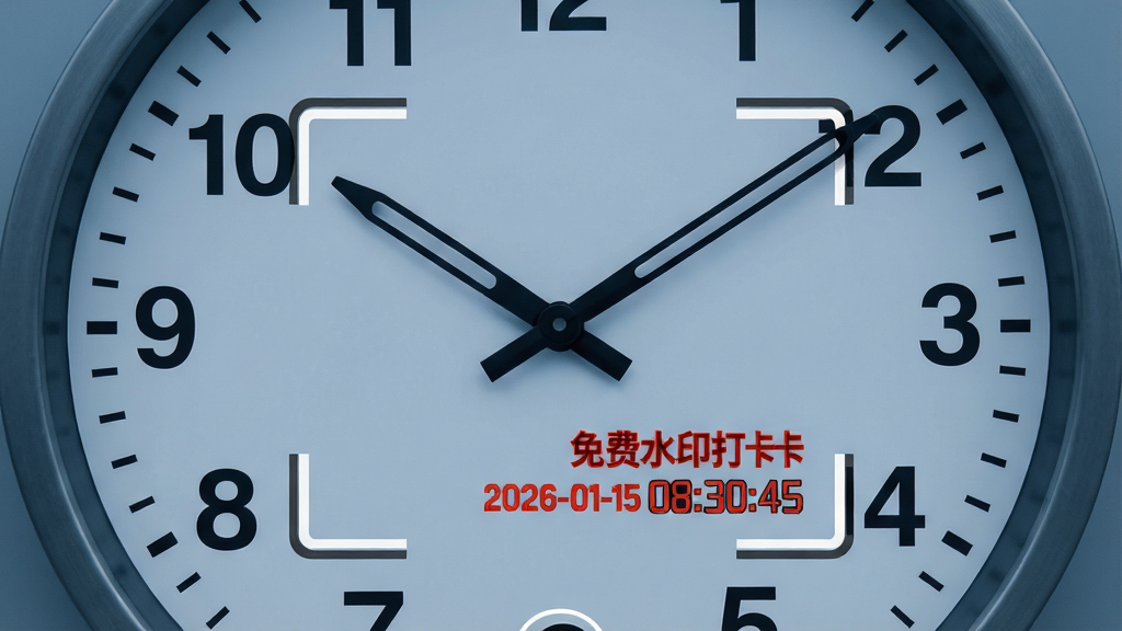 主体:一个巨大的时钟表盘背景,前景是免费水印相机打卡定位App的取景框,框内显示“2026-01-15 08:30:45”的红色时间水印。布局:时钟表盘作为背景占据整个画面,取景框悬浮于中央。排版:时间水印位于取景框右下角,字体为黑体加粗。风格:简约商务风,蓝灰色调。细节:表盘刻度清晰,指针指向8点30分。画质:超清质感,干净无多余元素。