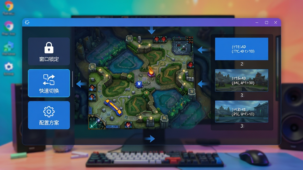 主体:LOL多屏切换器软件界面悬浮在多彩游戏桌面背景之上,中央是《英雄联盟》召唤师峡谷地图全览。布局:左侧功能面板从上到下排列“窗口锁定”“快速切换”“配置方案”三个图标按钮,右侧预览窗口显示多个显示器编号1、2、3及其分辨率。排版:界面扁平化设计,图标线条简洁,文字清晰,选中按钮呈蓝色高亮。风格:现代科技感,蓝紫渐变主色调,辅以暗色半透明背景光效,细节处有箭头指向不同屏幕。画质:8K超高清,干净整洁,无多余元素,突出专业工具属性。