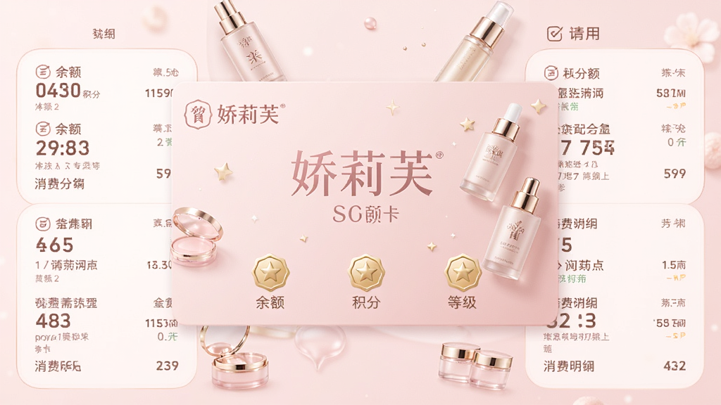 画面主体为一张娇莉芙在线的会员卡电子界面,卡片上显示余额、积分、等级图标,周围环绕消费明细列表。背景为淡雅粉色调,配有美容产品元素。布局居中对称,排版简洁,风格清新优雅,细节突出数字与会员权益图标,画质明亮,干净无多余元素。
