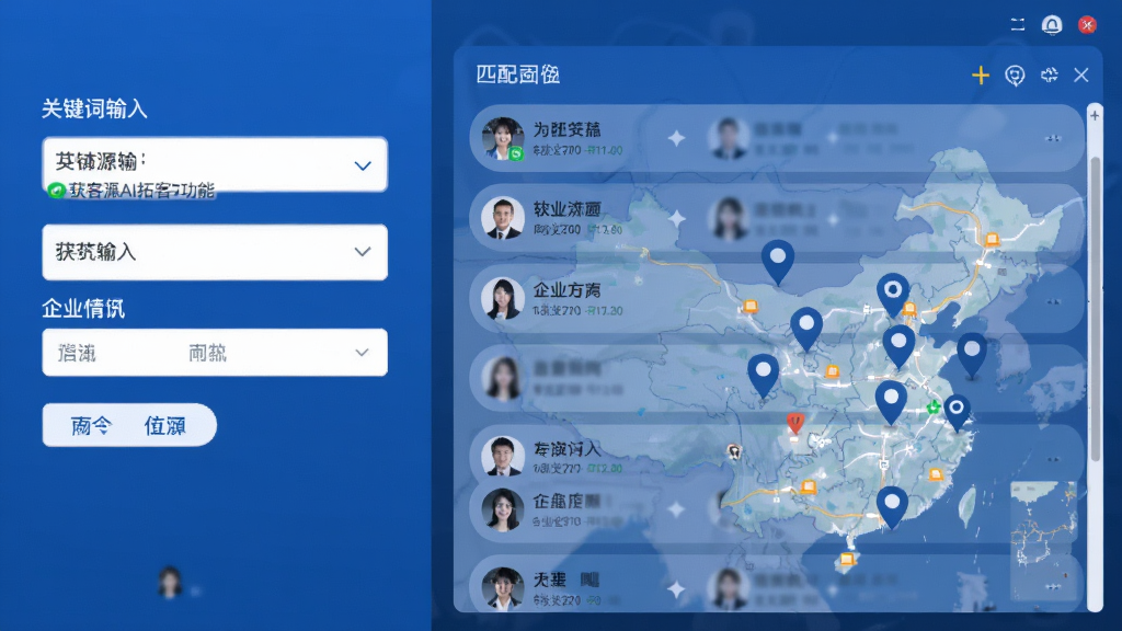 获客源软件AI拓客功能界面预览图,左侧为关键词输入框,右侧展示匹配到的企业列表,地图标记分布,整体色调蓝色系,布局清晰,风格写实,细节丰富,画质干净