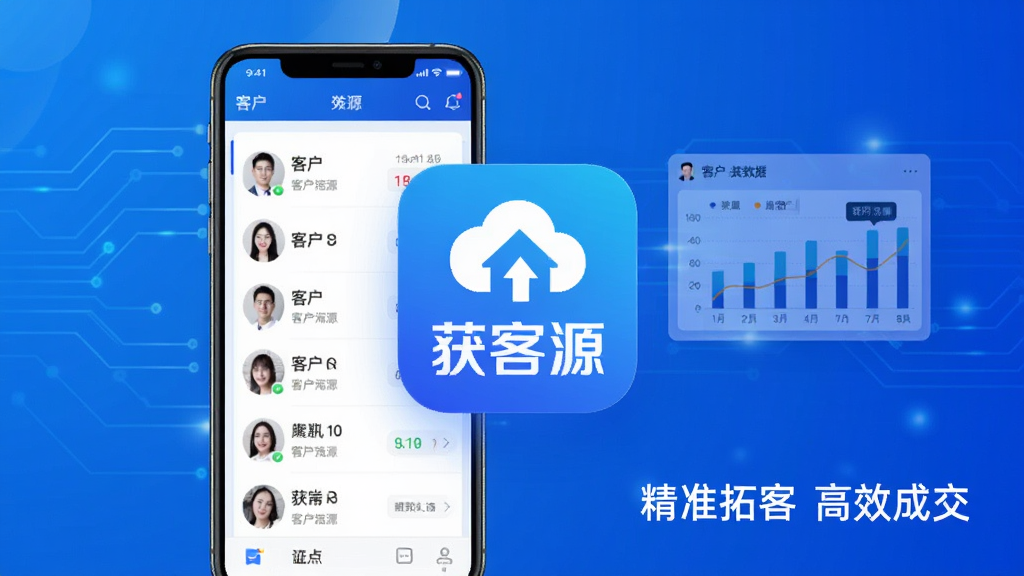 主视觉展示获客源软件界面,背景为蓝色科技感渐变,手机屏幕中显示客户列表与数据图表,主体突出“获客源”应用图标,右下角有“精准拓客 高效成交”字样,布局居中,风格简洁现代,UI细节清晰,画质高清干净,无多余元素