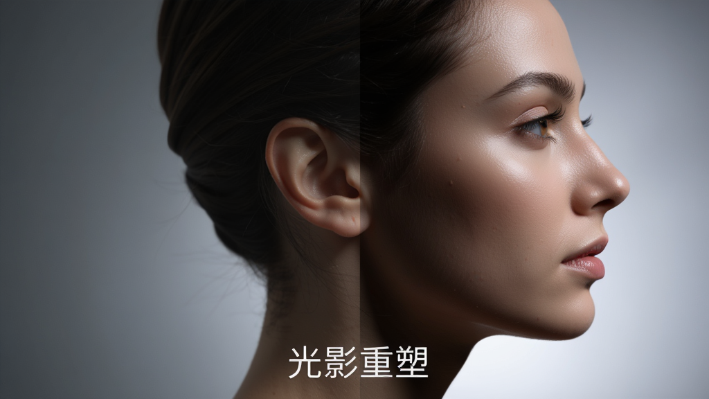 CleanSkinFX光影重塑效果展示图,主体为一张人物侧面肖像,左半部分未处理,右半部分处理后,高光更柔和,阴影层次更丰富,面部轮廓立体感明显增强,背景为渐变灰色,图片下方标注“光影重塑”字样,画面精致,画质细腻,无多余元素